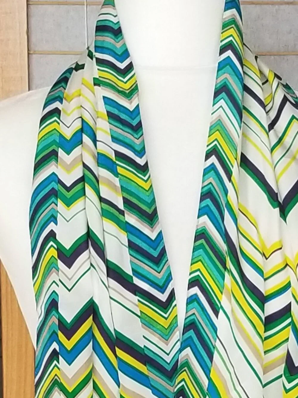 Printed Silk Scarf Anne Klein Blue Green Zig Zag Long Skinny